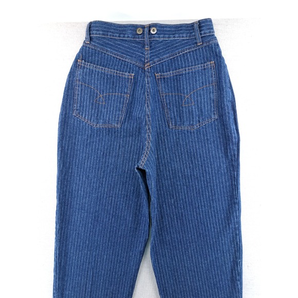 Vtg Suspender Button Jeans Women 9 Fits 4 27.5x29in Blue Pinstripe Retro Baggy - Picture 4 of 8